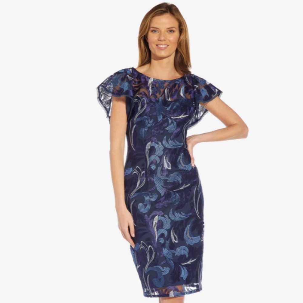 Adrianna Papell EMBROIDERED FLUTTER SLEEVE MIDI SHEATH DRESS IN NAVY size 4 + 6